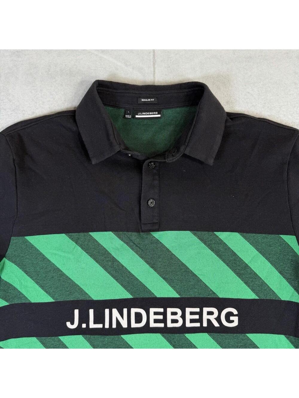 J.Lindeberg Golf Polo Shirt Mens Large Black Green Adam Pique Regular Fit Logo - Picture 2 of 7